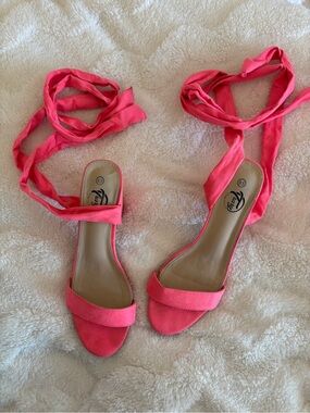 Trary Coral Pink Wrap-Ankle Heeled Sandals